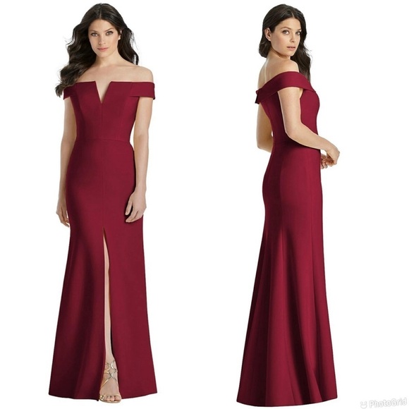 Dessy Collection Off-The-Shoulder Notch Trumpet Gown with Front Slit - Picture 1 of 9